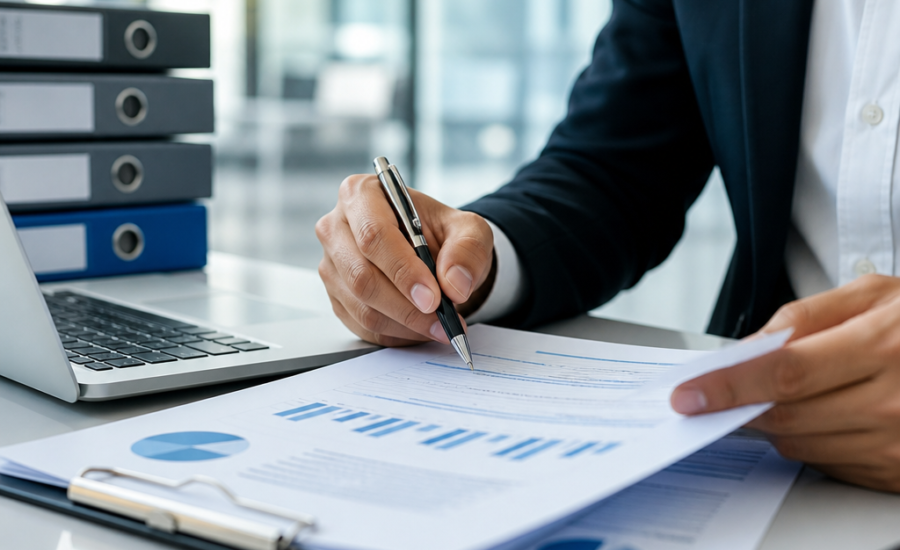 Business professional reviews financial charts while signing documents at an office desk