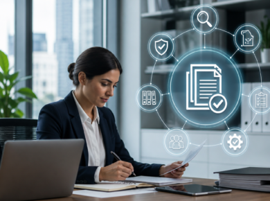 Professional woman reviewing documents at a desk with document management and security interface overlay