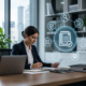 Professional woman reviewing documents at a desk with document management and security interface overlay