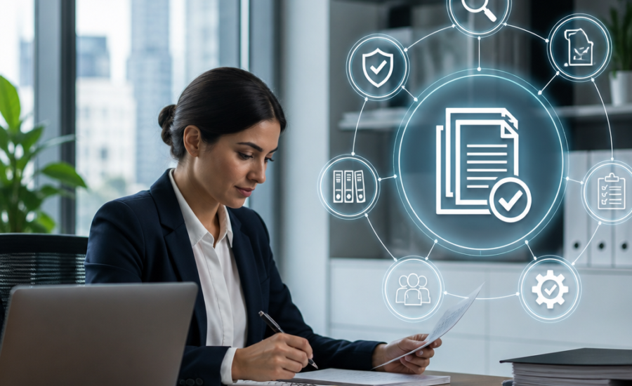 Professional woman reviewing documents at a desk with document management and security interface overlay