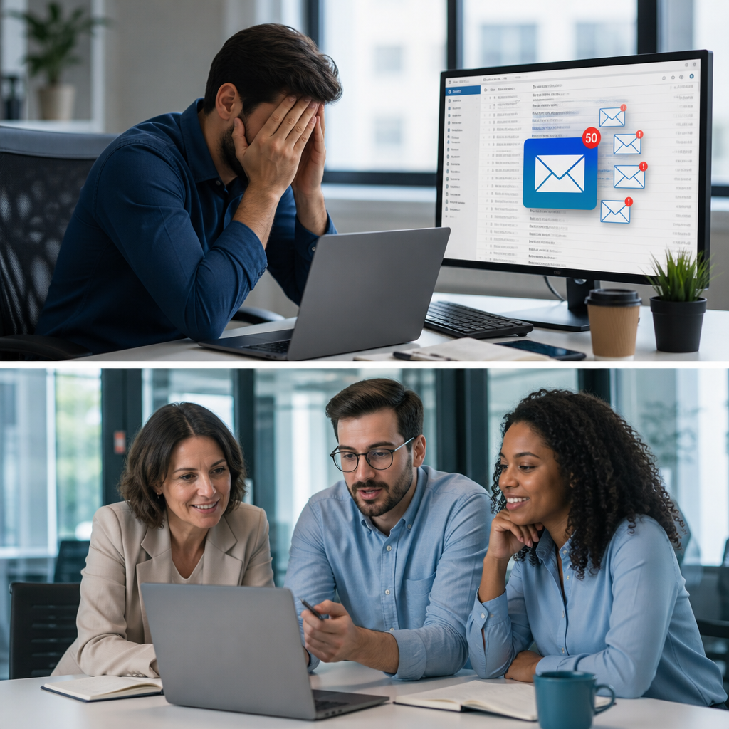 Office workers collaborating on a laptop while managing a crowded email inbox