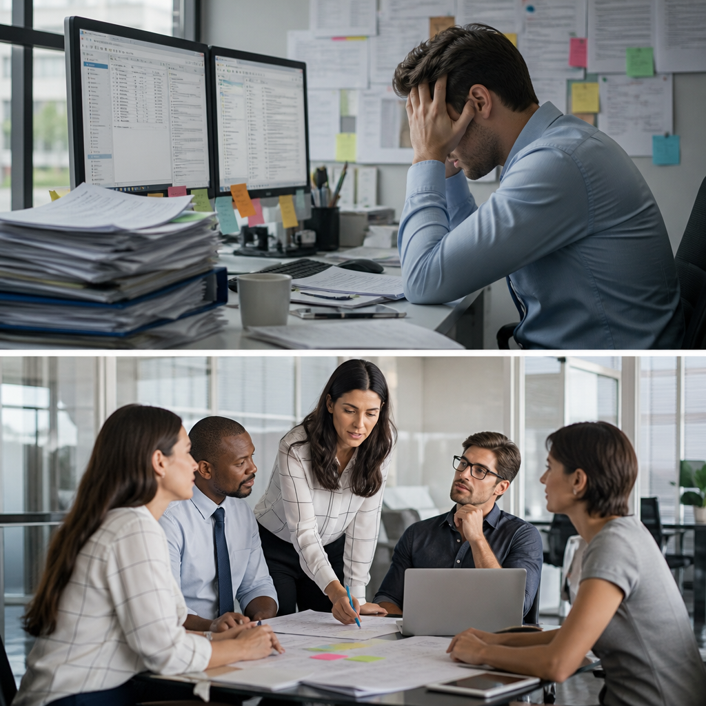 Stressed office workers review paperwork and a laptop during a meeting.