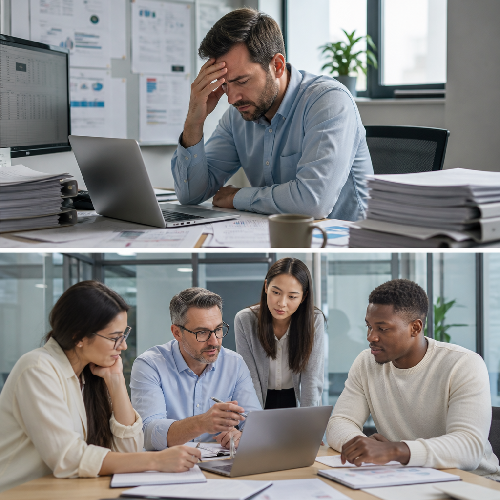 Stressed man at laptop beside a team collaborating around a computer in a modern office
