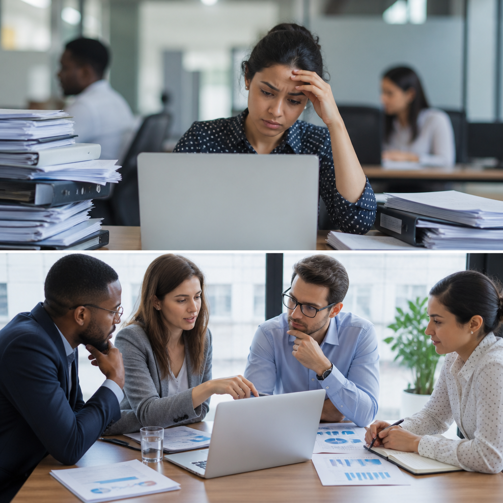 Office workers stressed at laptops during a meeting and at a cluttered desk
