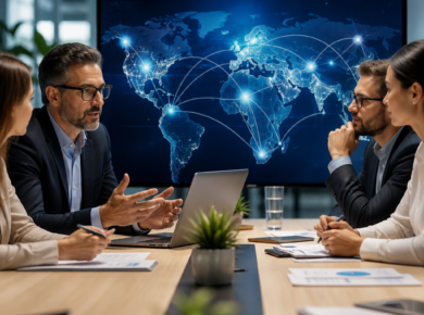 Business team in a meeting room reviewing a global digital network map on a presentation screen