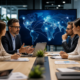 Business team in a meeting room reviewing a global digital network map on a presentation screen