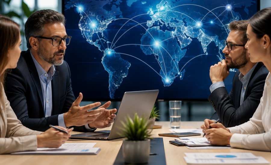 Business team in a meeting room reviewing a global digital network map on a presentation screen