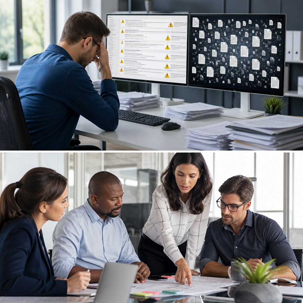 Office workers review data on monitors and discuss documents in a modern workplace