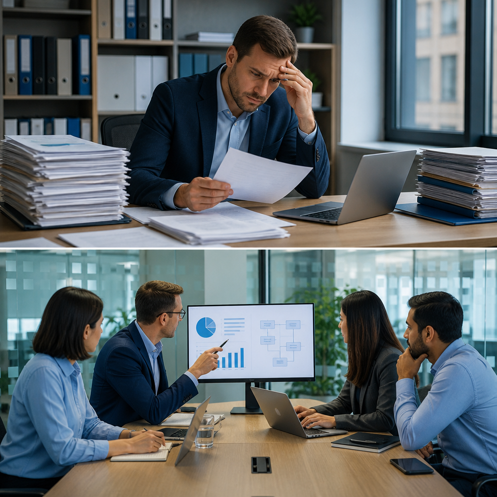 Business professionals reviewing financial reports and charts in an office meeting