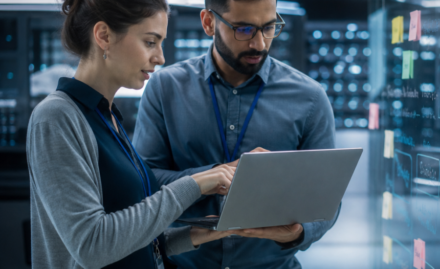 Two IT professionals reviewing data on a laptop in a modern server room