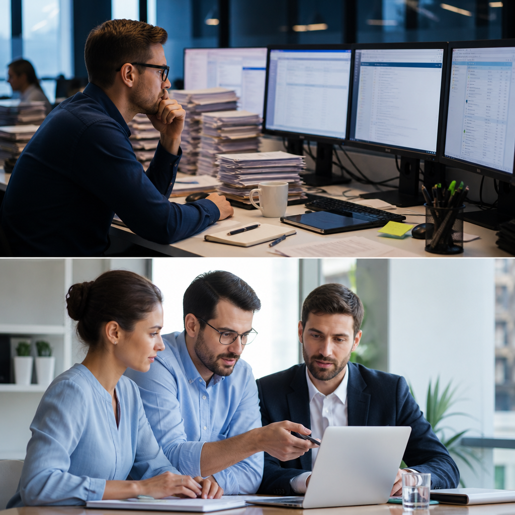 Office professionals reviewing a laptop together in a modern workplace
