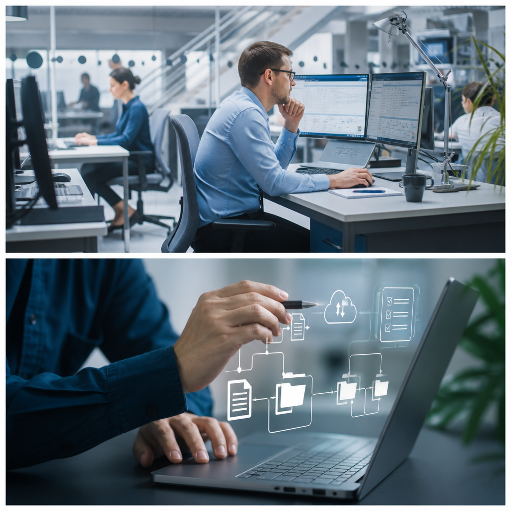 Office worker reviewing data dashboards on dual monitors in a modern office