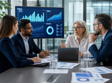 Business professionals review financial charts on a presentation screen in a conference room.