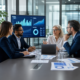 Business professionals review financial charts on a presentation screen in a conference room.