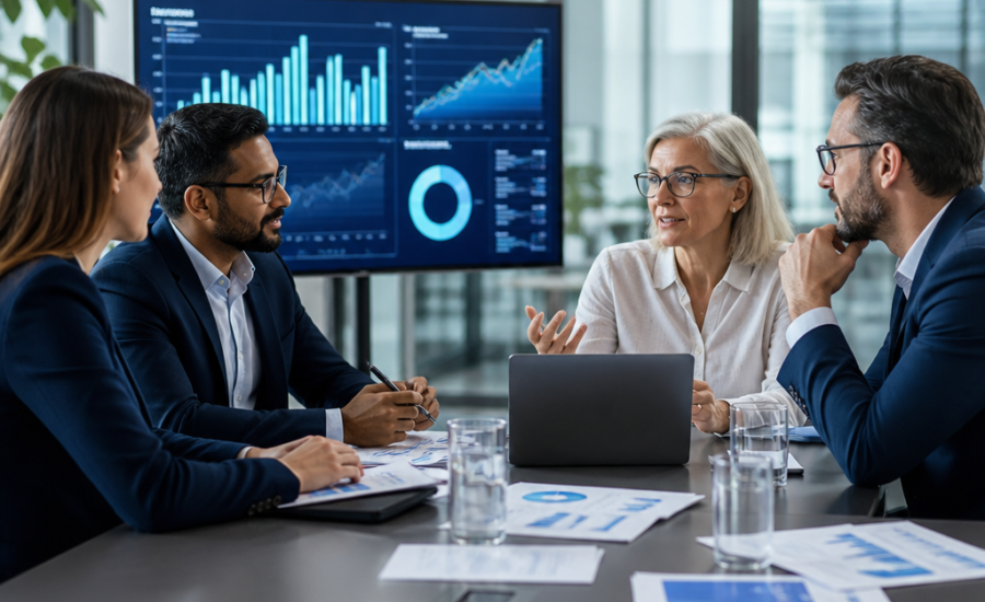 Business professionals review financial charts on a presentation screen in a conference room.