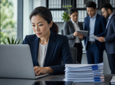 Business professionals collaborate in a modern office while a woman works on a laptop at her desk