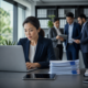 Business professionals collaborate in a modern office while a woman works on a laptop at her desk