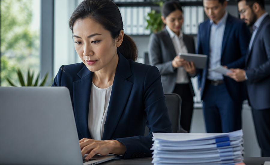 Business professionals collaborate in a modern office while a woman works on a laptop at her desk