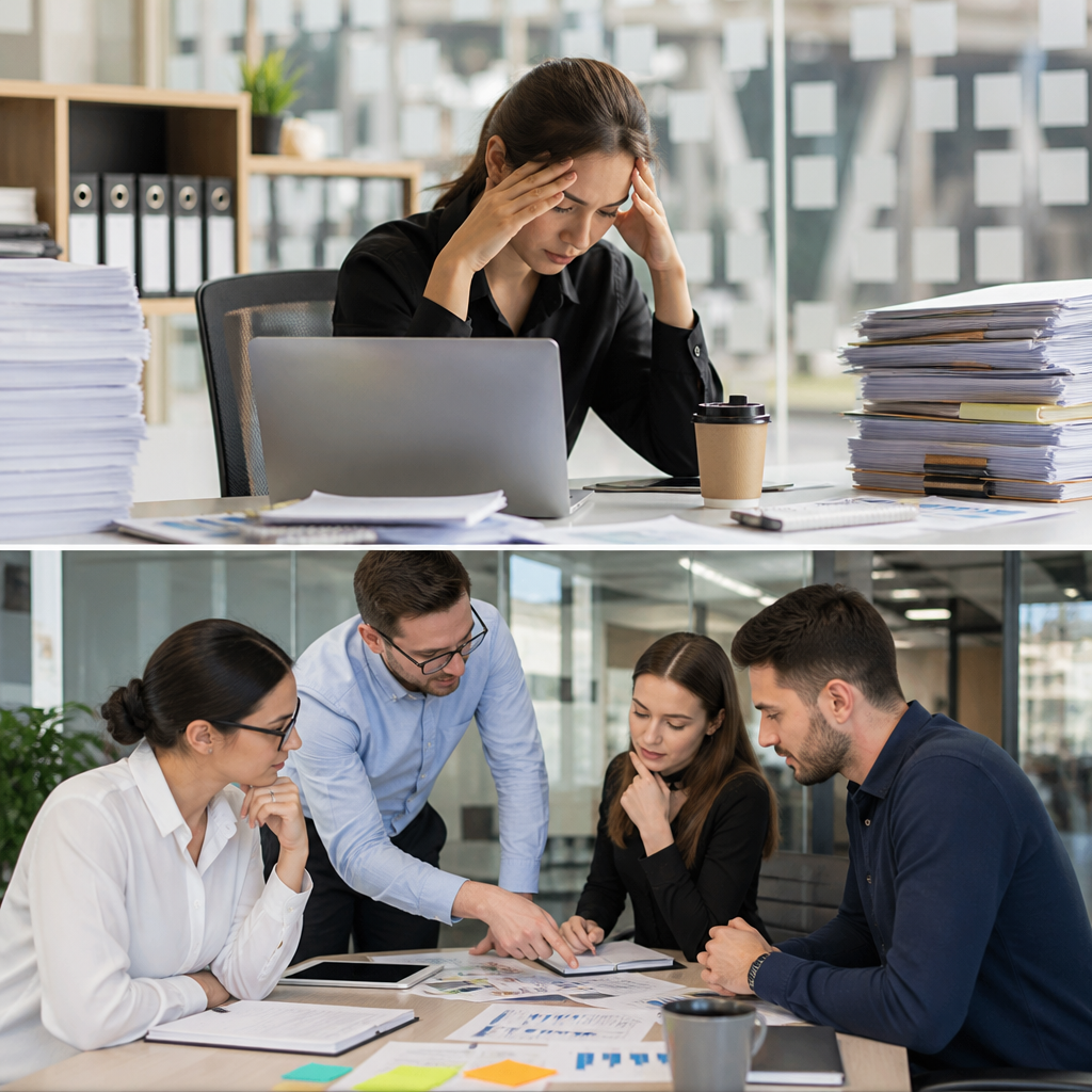 Stressed woman at laptop while teammates review documents in a modern office collaboration scene