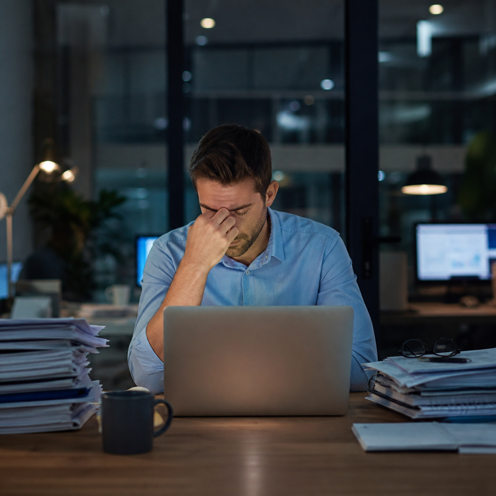 Tired businessman rubs his forehead while working on a laptop late at night