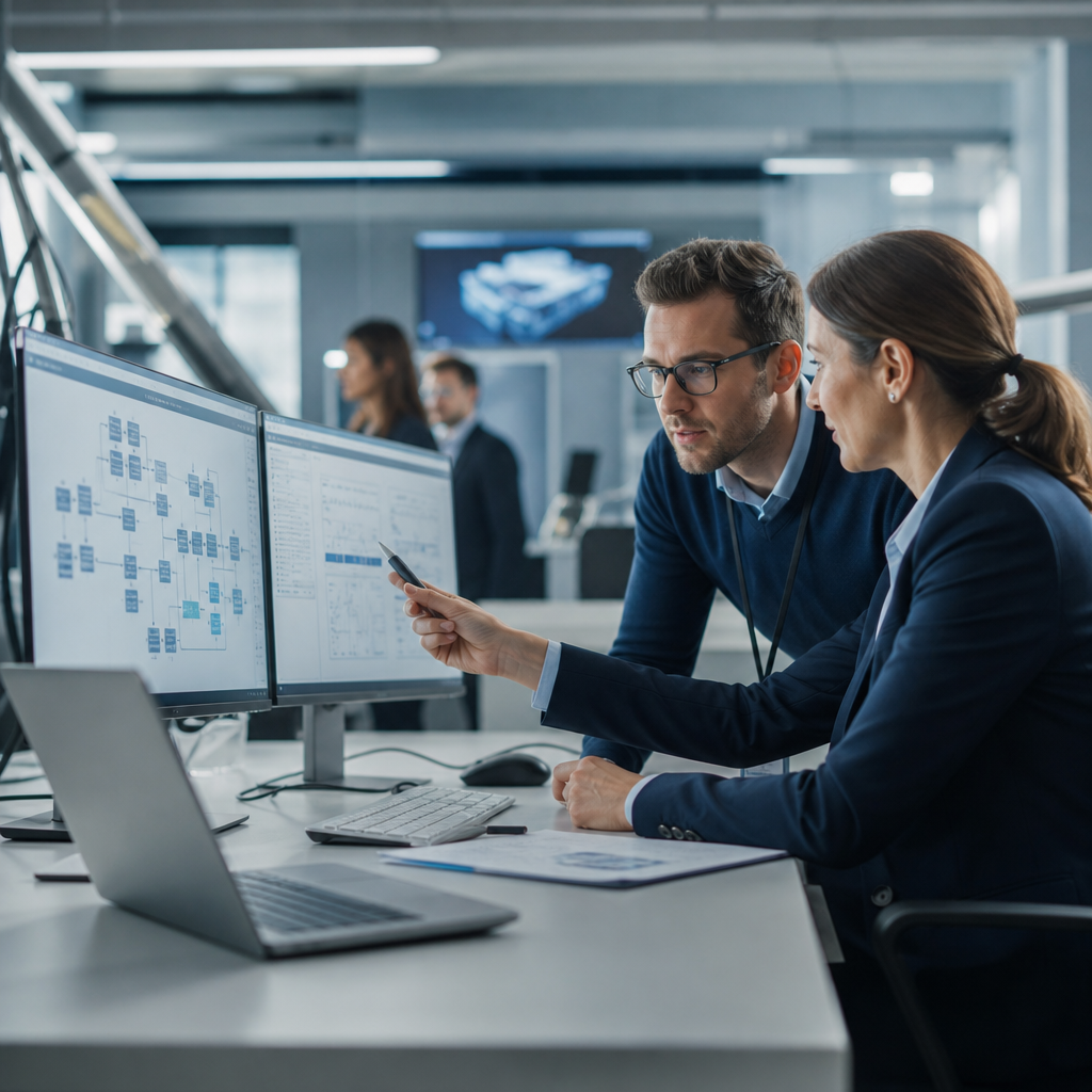 Two business professionals review supplier corrective action data on dual monitors in a modern office.