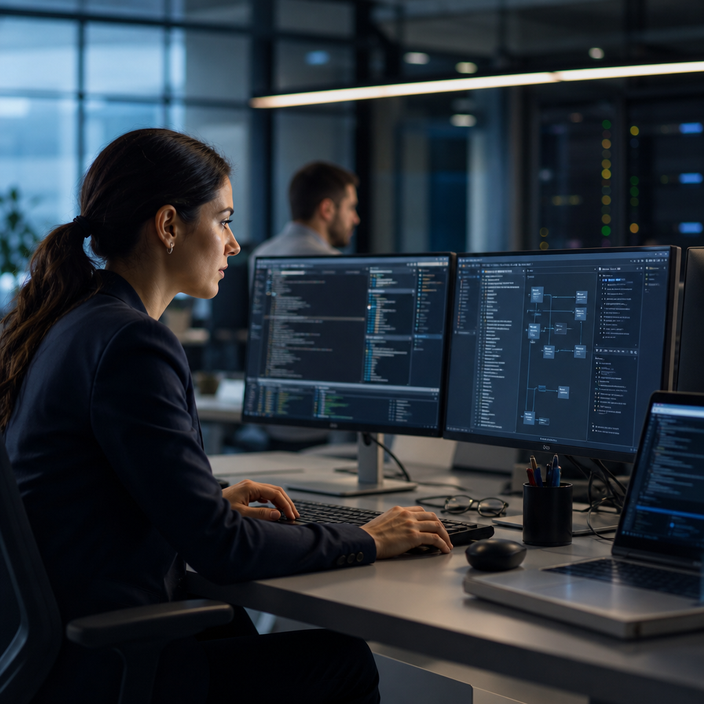 Woman analyzing code and data at dual monitors in a modern office setting