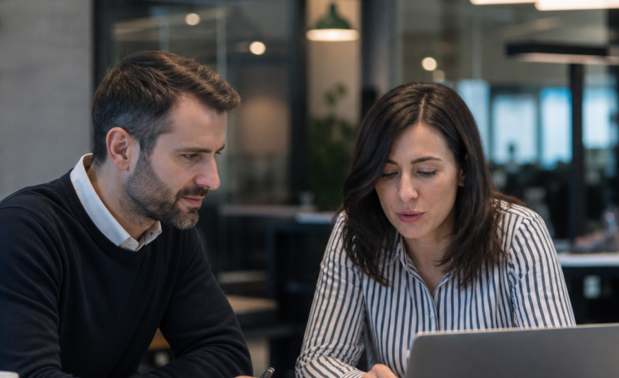 Two colleagues review supplier corrective action documents on a laptop in a modern office.
