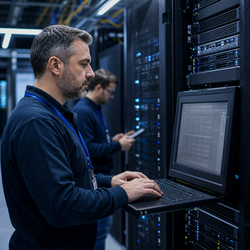 IT technician monitoring server rack performance in a data center for supplier risk oversight