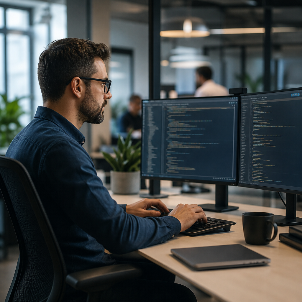 Software developer working at dual monitors in a modern office reviewing supplier risk assessment workflows