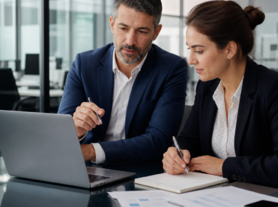 Business professionals reviewing supplier risk assessment documents on a laptop in a meeting room