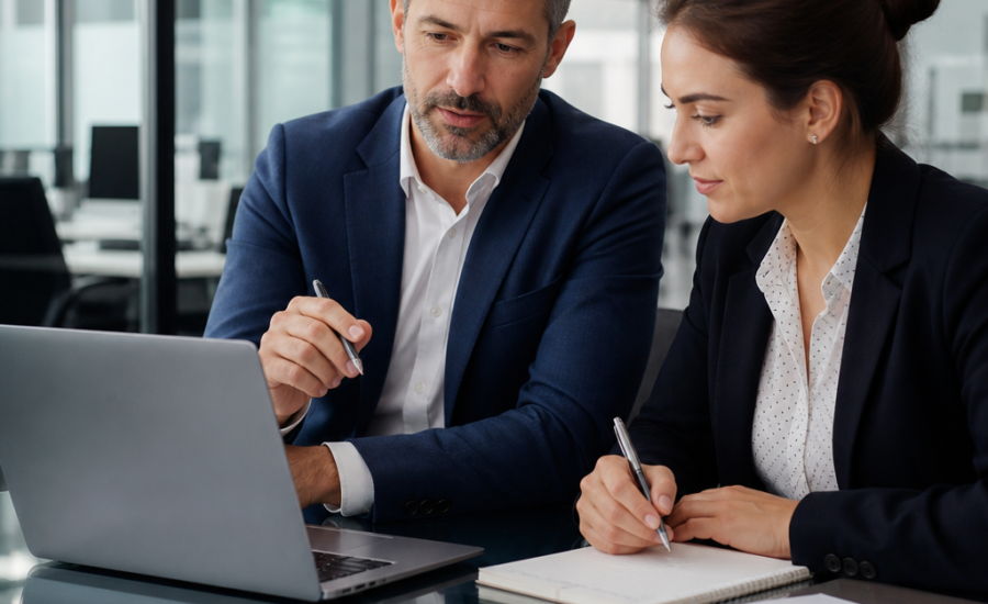 Business professionals reviewing supplier risk assessment documents on a laptop in a meeting room