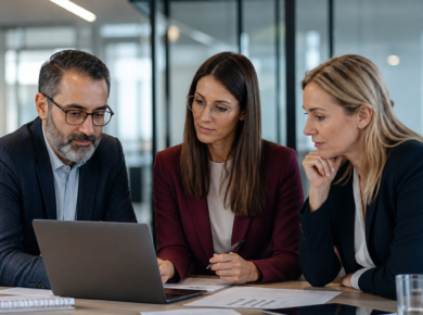 Three business professionals review supplier risk documents and a laptop in a modern office meeting.