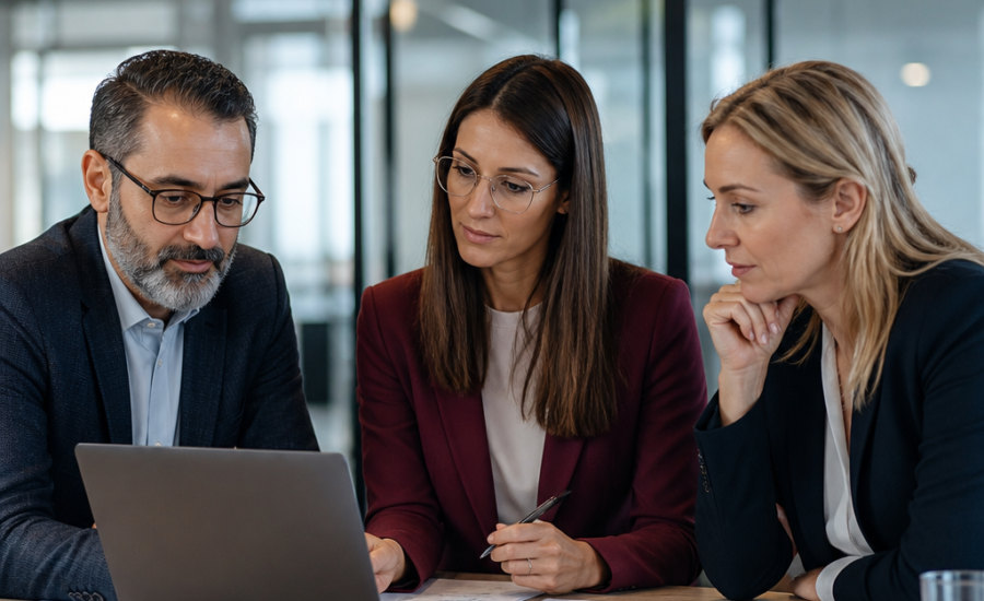 Three business professionals review supplier risk documents and a laptop in a modern office meeting.