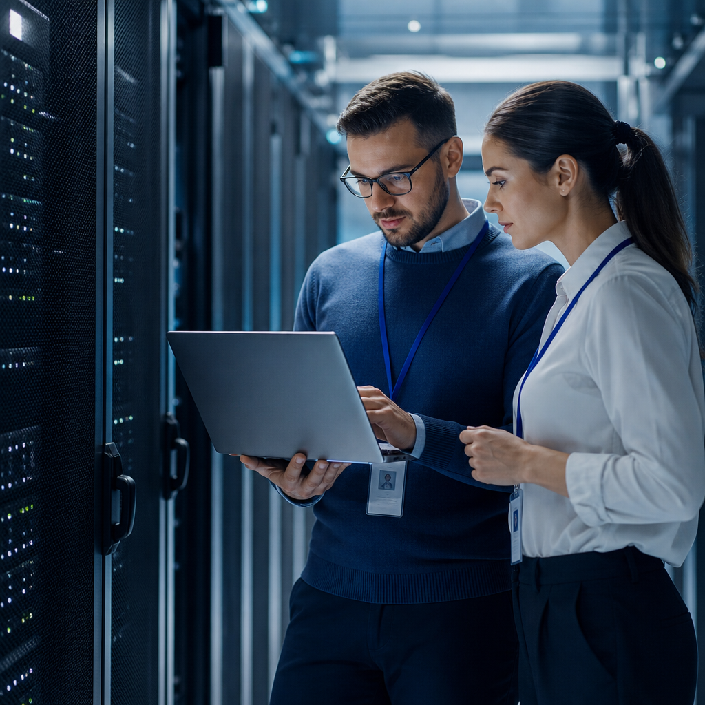 Two IT professionals reviewing supplier risk data on a laptop in a server room