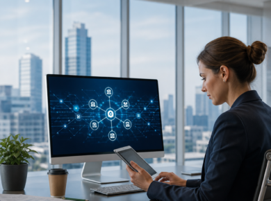 Businesswoman using a tablet beside a desktop monitor with network icons in a modern office.