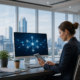 Businesswoman using a tablet beside a desktop monitor with network icons in a modern office.