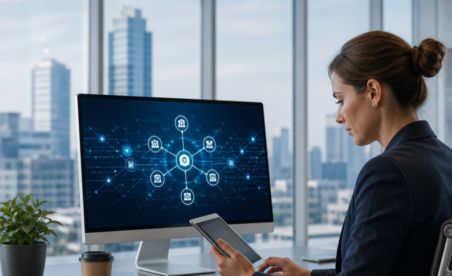 Businesswoman using a tablet beside a desktop monitor with network icons in a modern office.