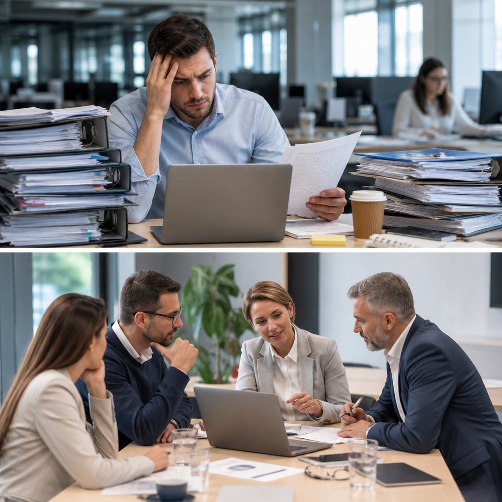 Stressed office workers surrounded by paperwork during a laptop business meeting