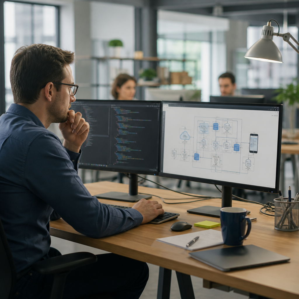 Software developer working at dual monitors in a modern office with colleagues in the background